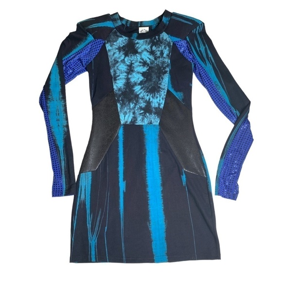 Nuvula Mixed Print Bodycon Mini Dress Tie Dye & Faux Sequin Long Sleeve Small - Picture 1 of 12